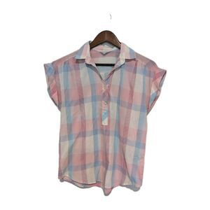 Vintage 80s Plaid Stripe Pink Blue Blouse Top S/ M Summer Cotton Bl Lady Donlin